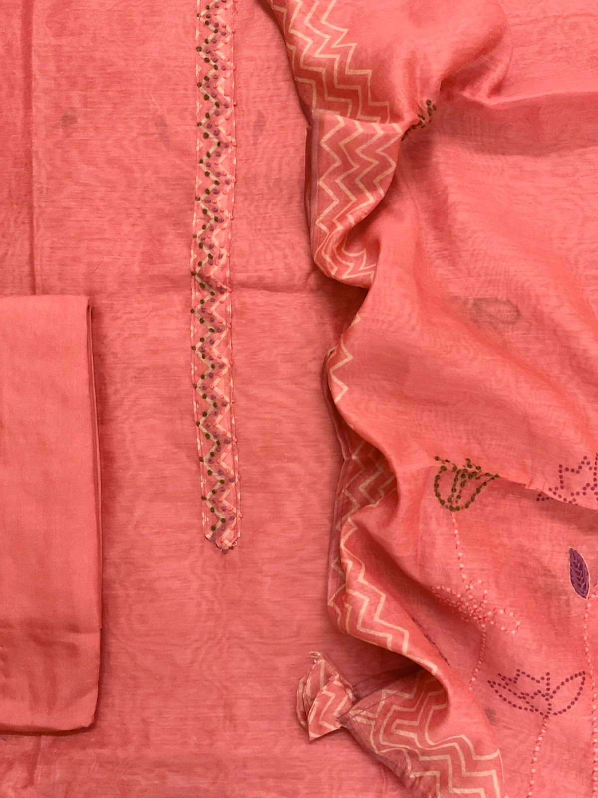 Soft Kora Chanderi Printed Embroidered Suit - Peach