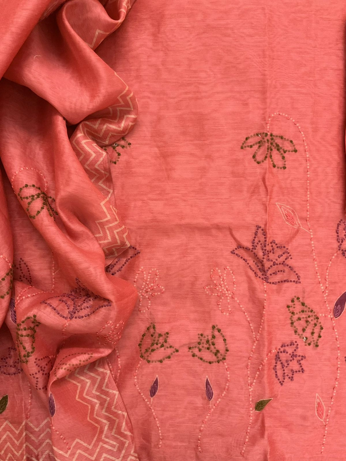 Soft Kora Chanderi Printed Embroidered Suit - Peach