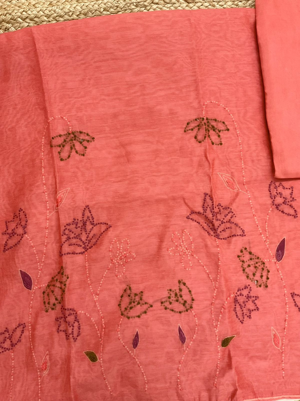 Soft Kora Chanderi Printed Embroidered Suit - Peach