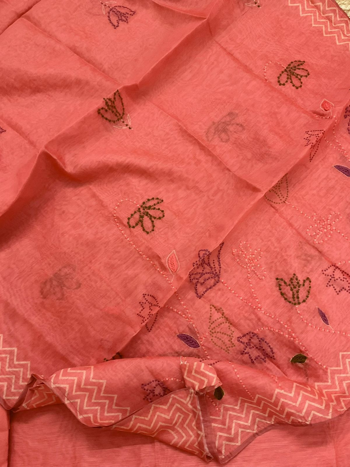 Soft Kora Chanderi Printed Embroidered Suit - Peach