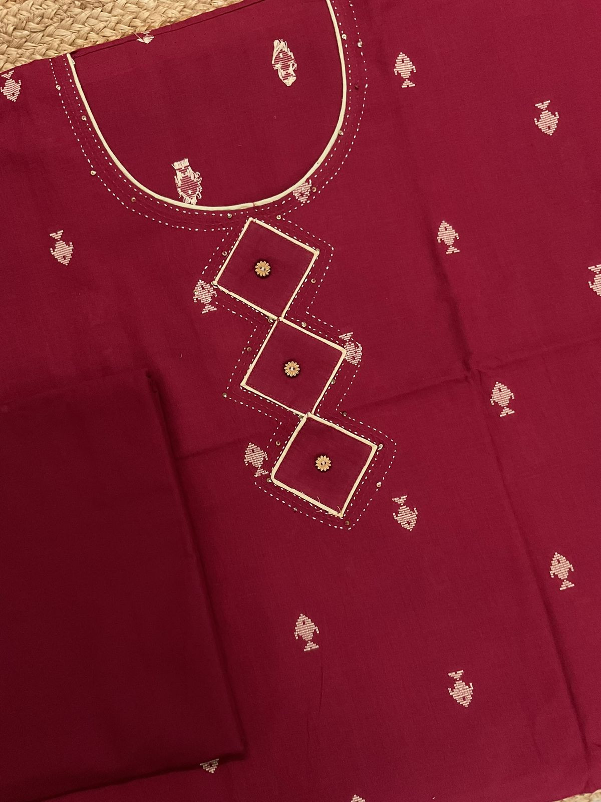 Pure Handloom Cotton Printed Self Weaved Embroidered Suit - Maroon