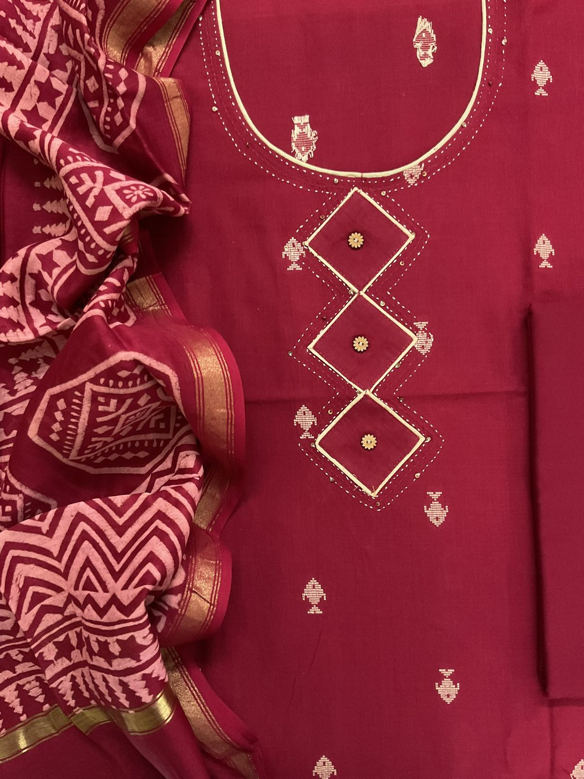 Pure Handloom Cotton Printed Self Weaved Embroidered Suit - Maroon
