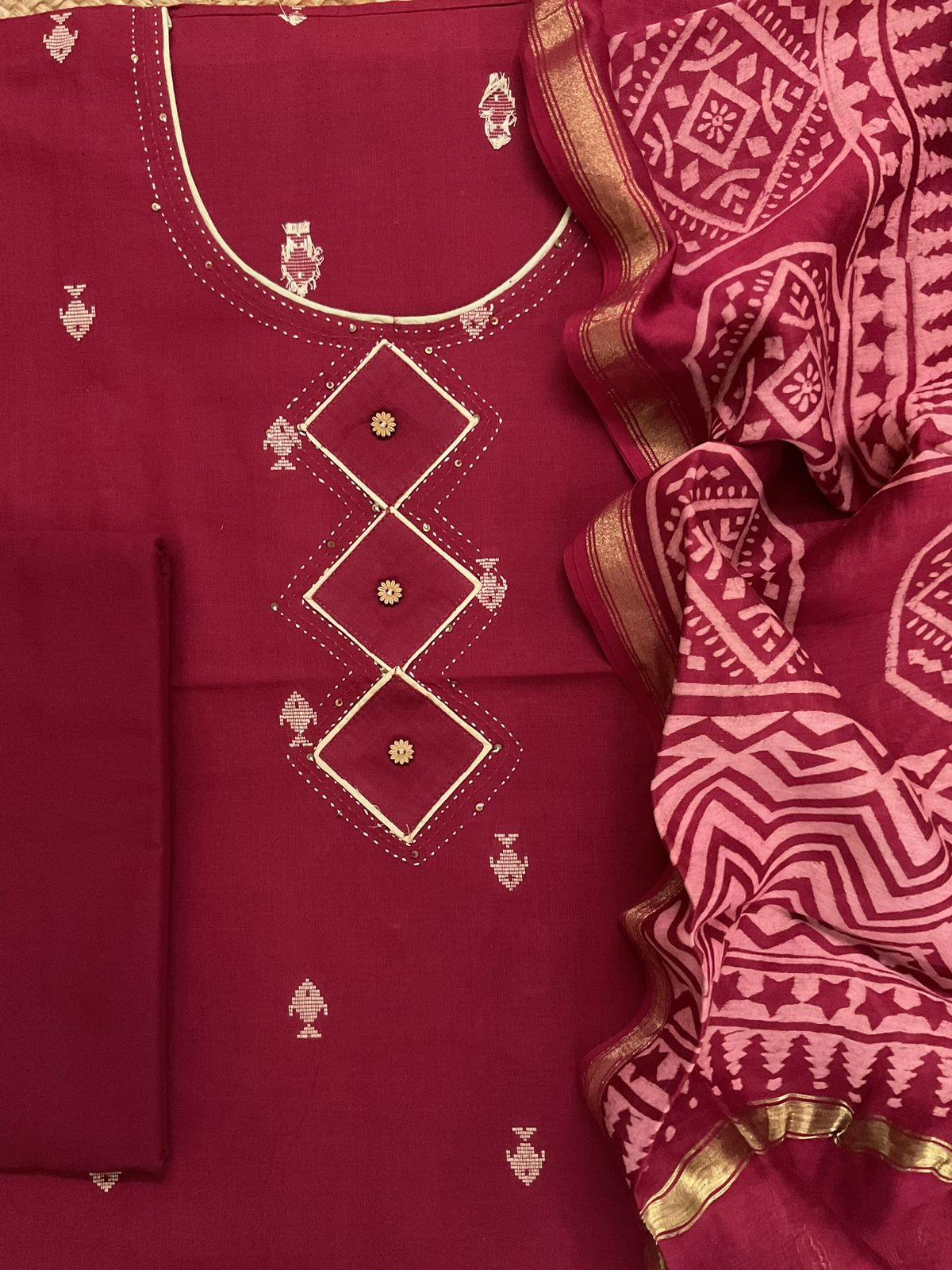 Pure Handloom Cotton Printed Self Weaved Embroidered Suit - Maroon