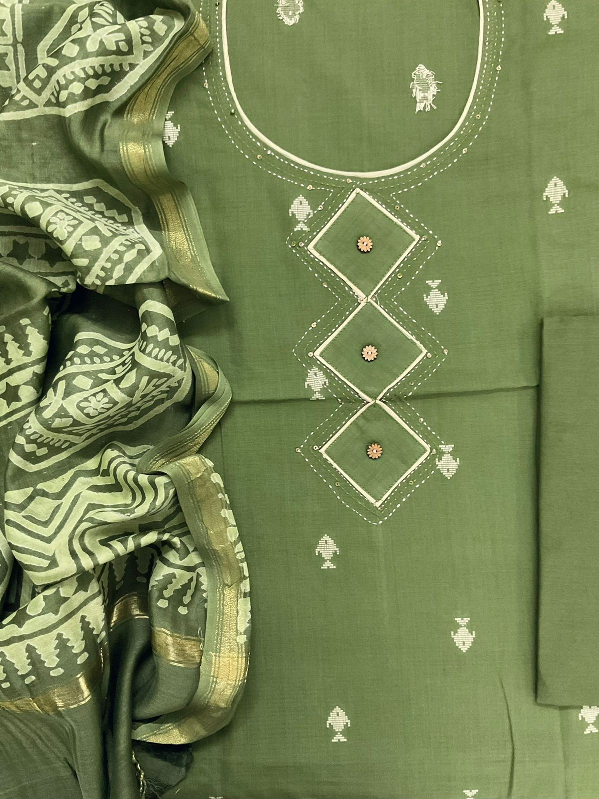 Pure Handloom Cotton Printed Self Weaved Embroidered Suit - Green