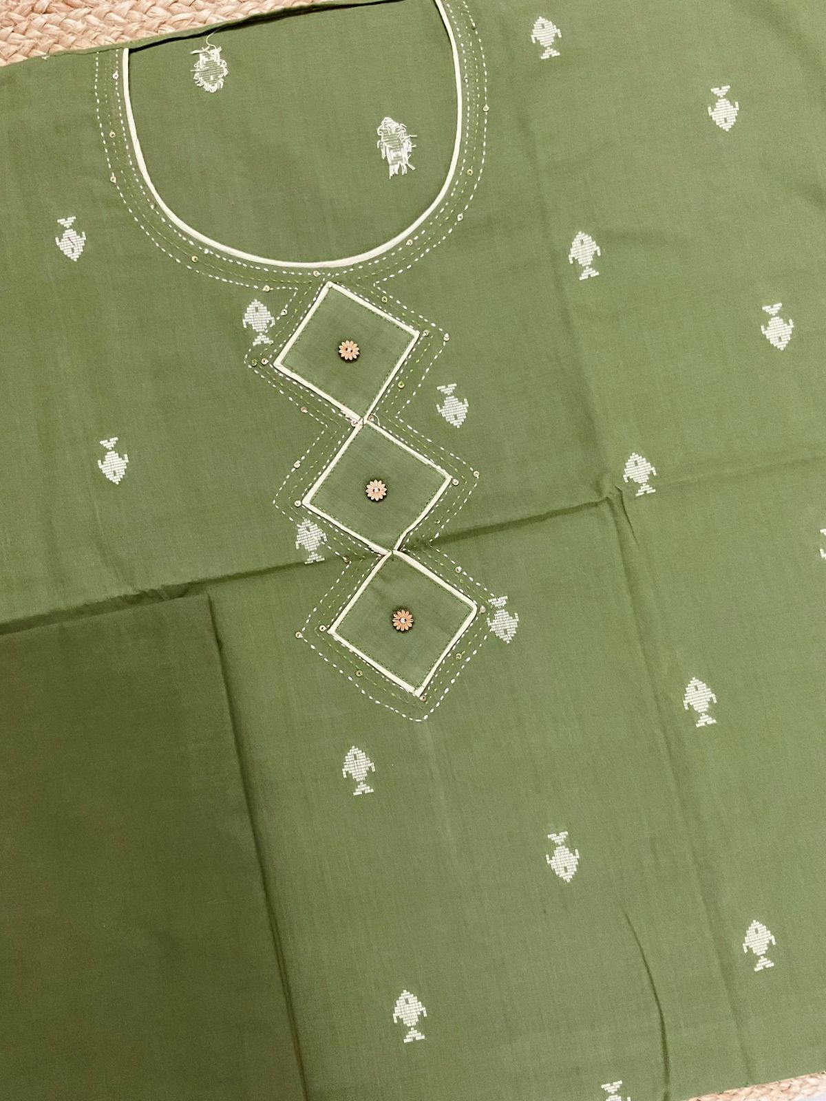 Pure Handloom Cotton Printed Self Weaved Embroidered Suit - Green