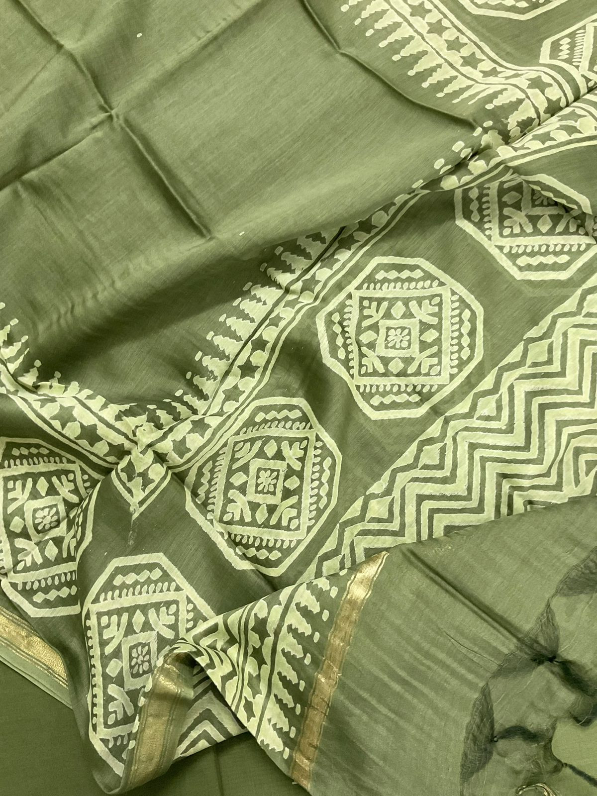 Pure Handloom Cotton Printed Self Weaved Embroidered Suit - Green