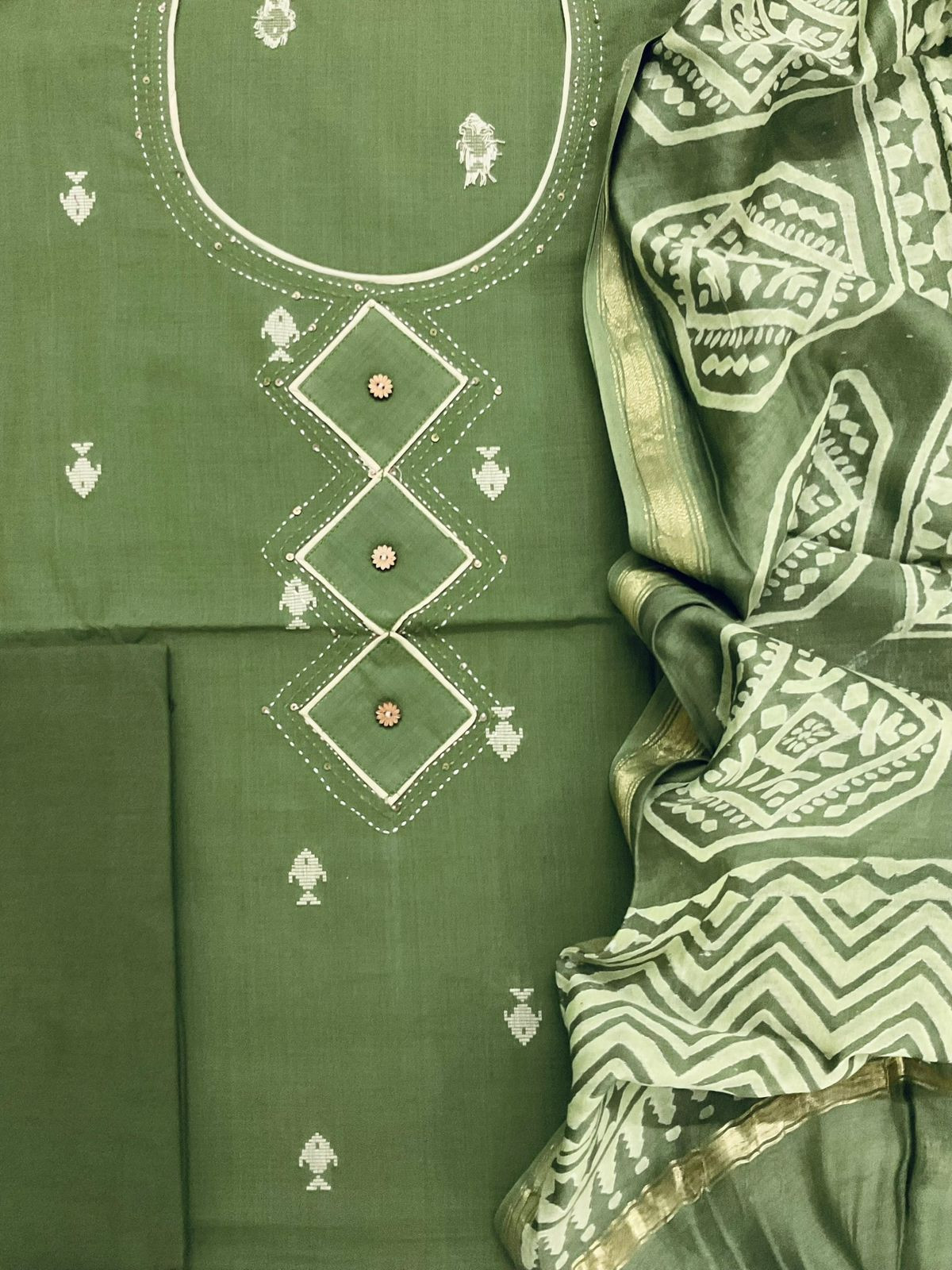 Pure Handloom Cotton Printed Self Weaved Embroidered Suit - Green