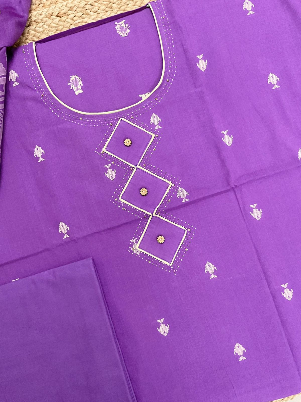 Pure Handloom Cotton Printed Self Weaved Embroidered Suit - Purple