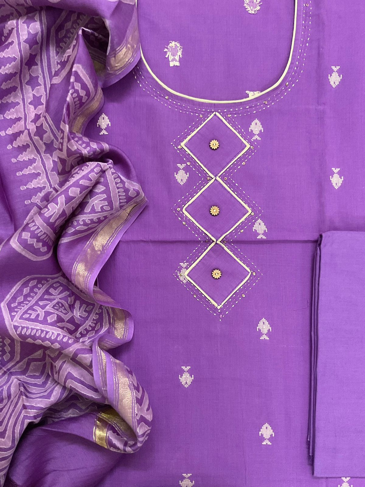 Pure Handloom Cotton Printed Self Weaved Embroidered Suit - Purple