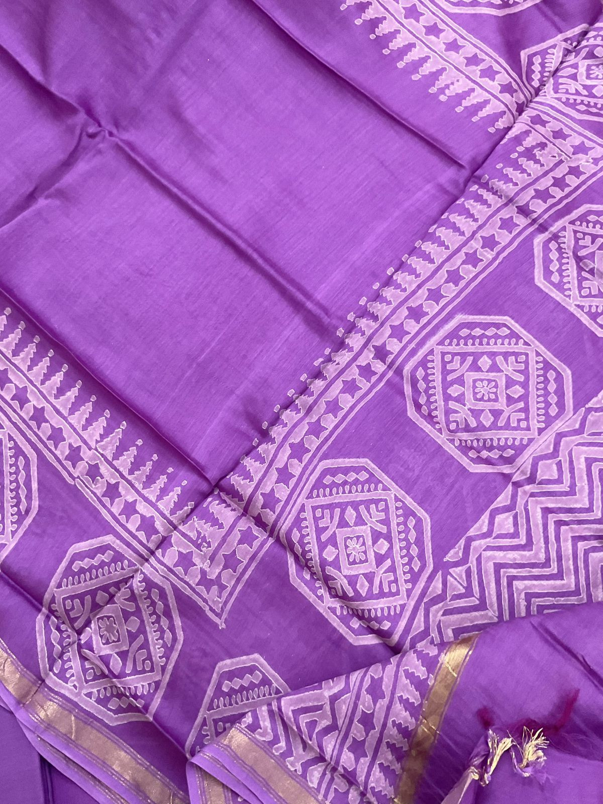 Pure Handloom Cotton Printed Self Weaved Embroidered Suit - Purple