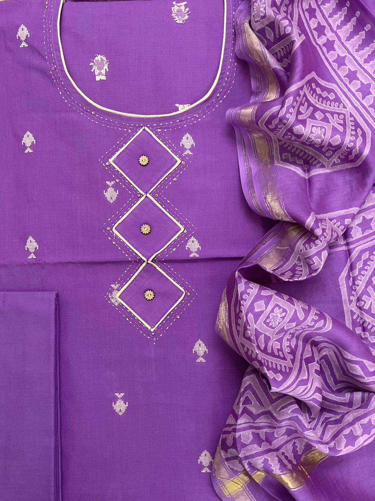 Pure Handloom Cotton Printed Self Weaved Embroidered Suit - Purple