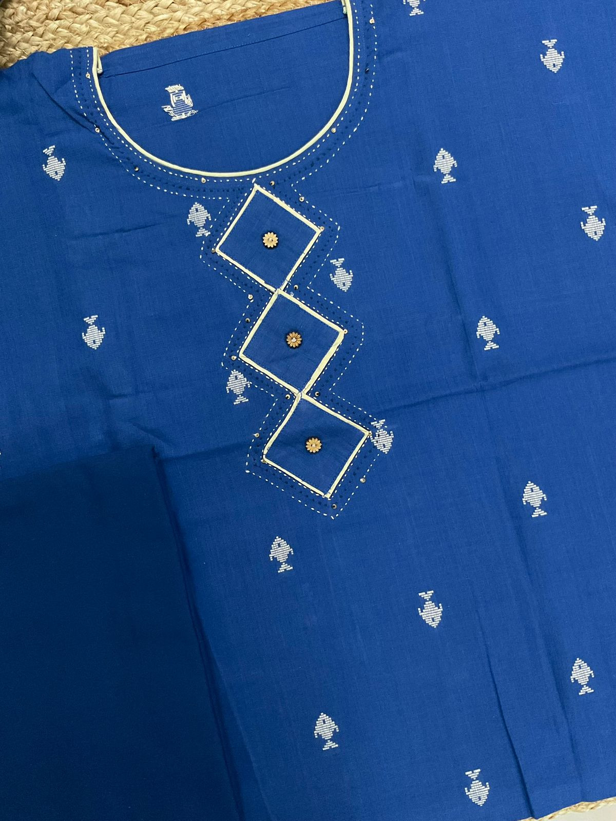 Pure Handloom Cotton Printed Self Weaved Embroidered Suit - Blue