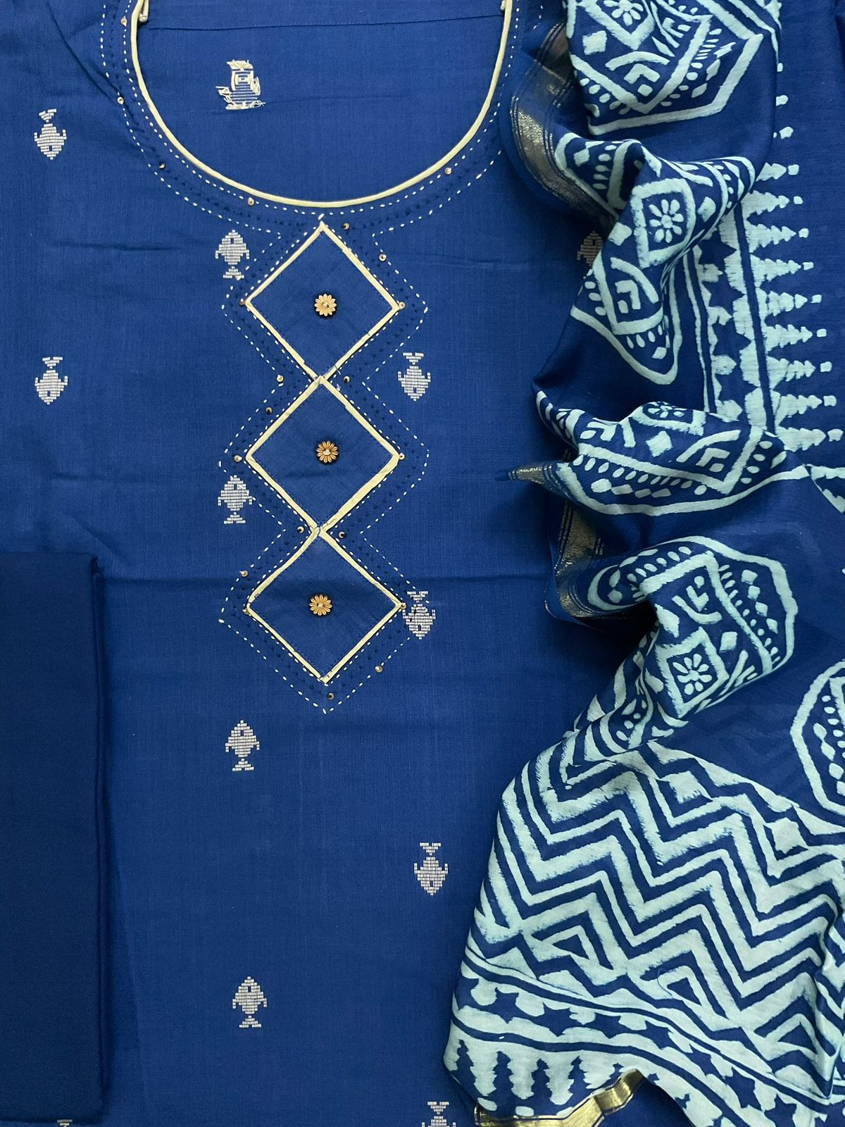 Pure Handloom Cotton Printed Self Weaved Embroidered Suit - Blue