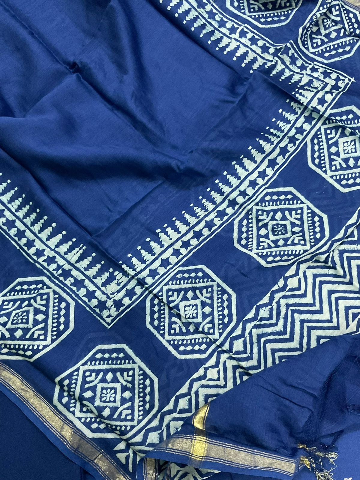 Pure Handloom Cotton Printed Self Weaved Embroidered Suit - Blue