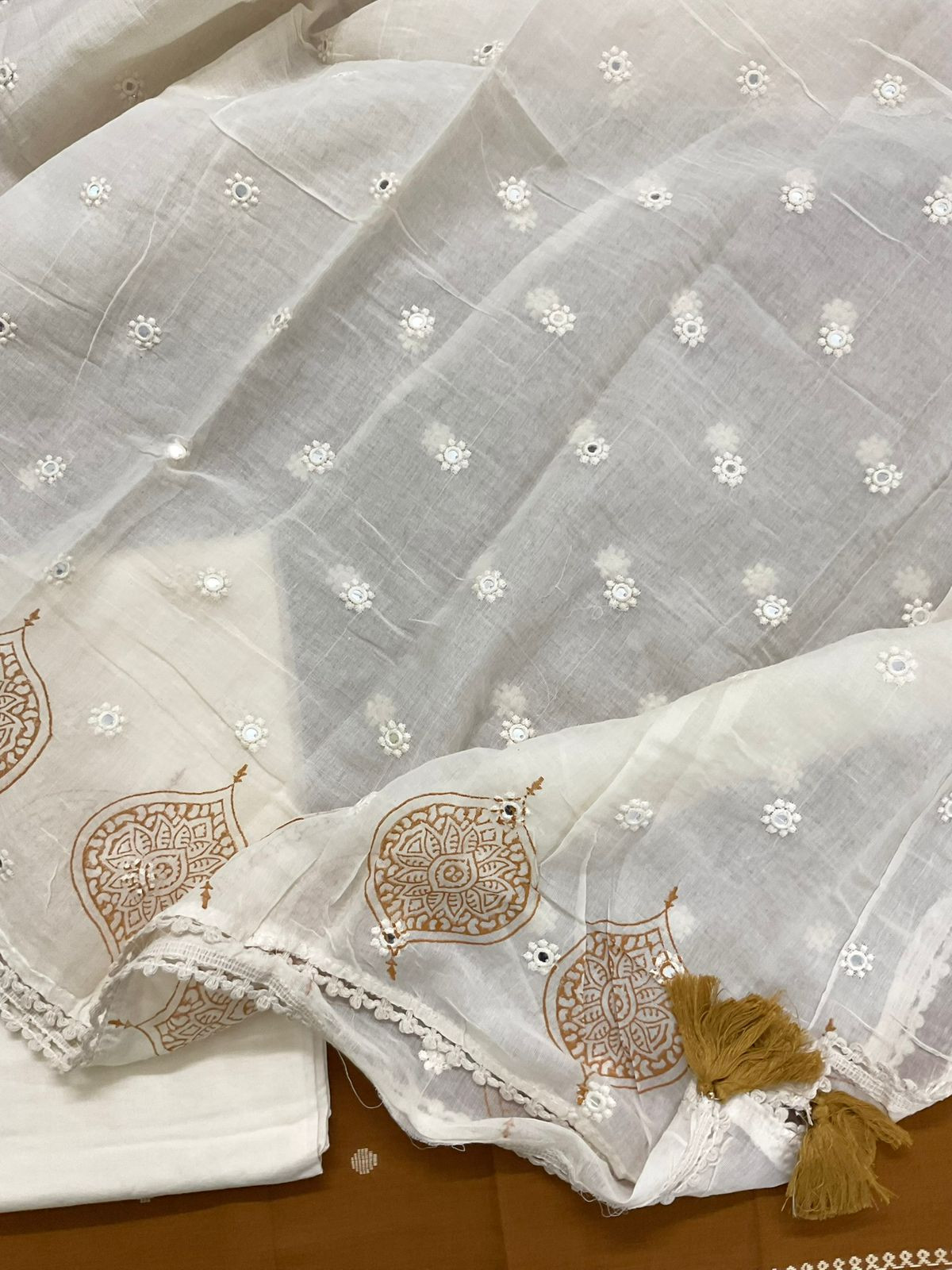 Pure Handloom Cotton Printed Self Weaved Embroidered Suit - Mustard