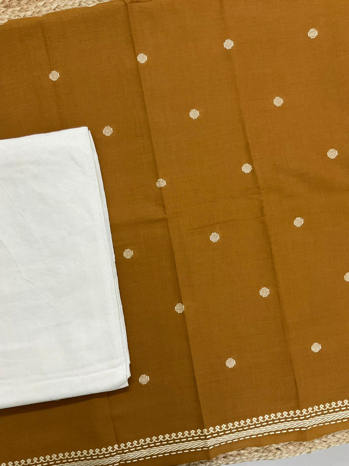 Pure Handloom Cotton Printed Self Weaved Embroidered Suit - Mustard