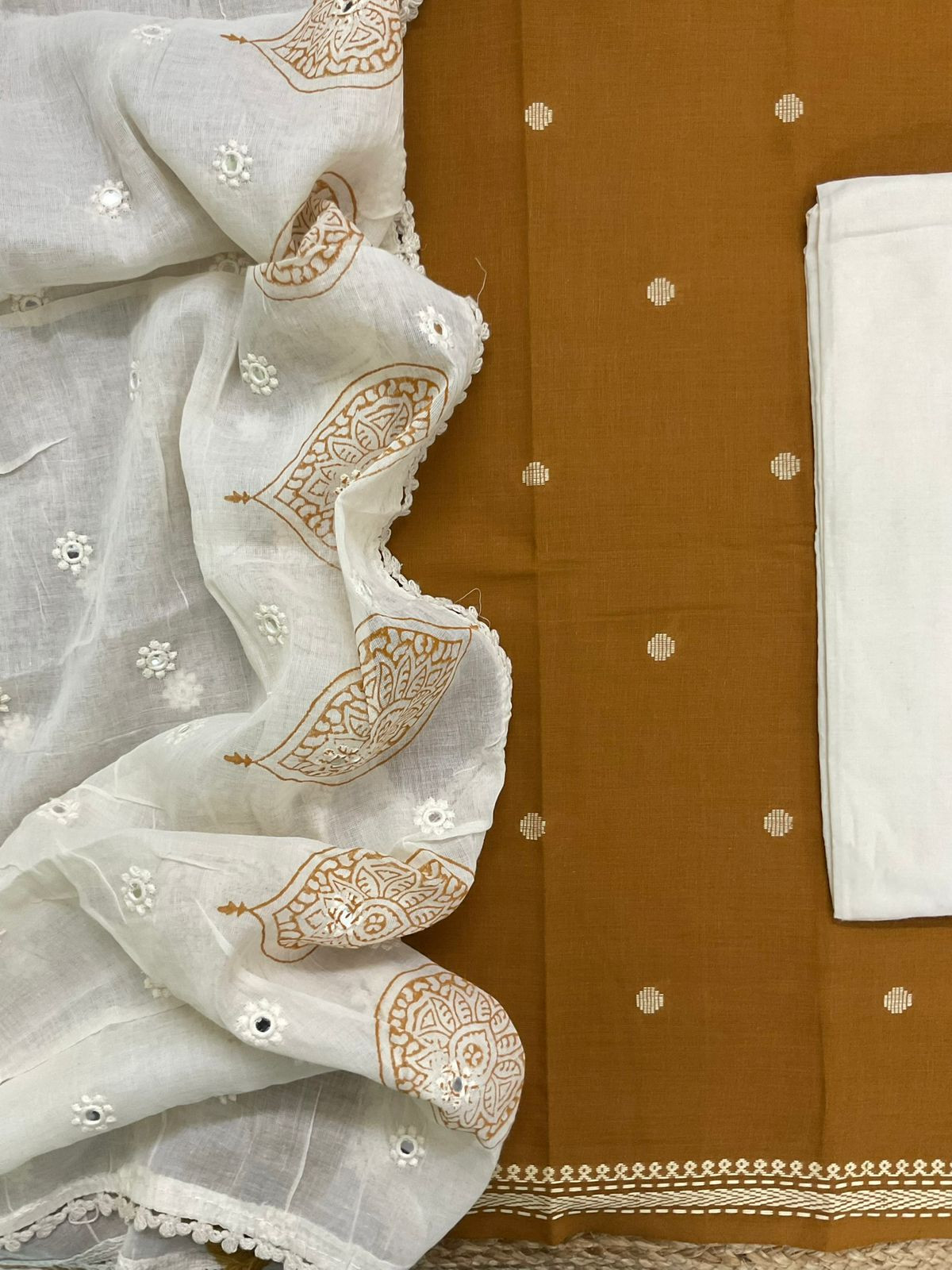 Pure Handloom Cotton Printed Self Weaved Embroidered Suit - Mustard