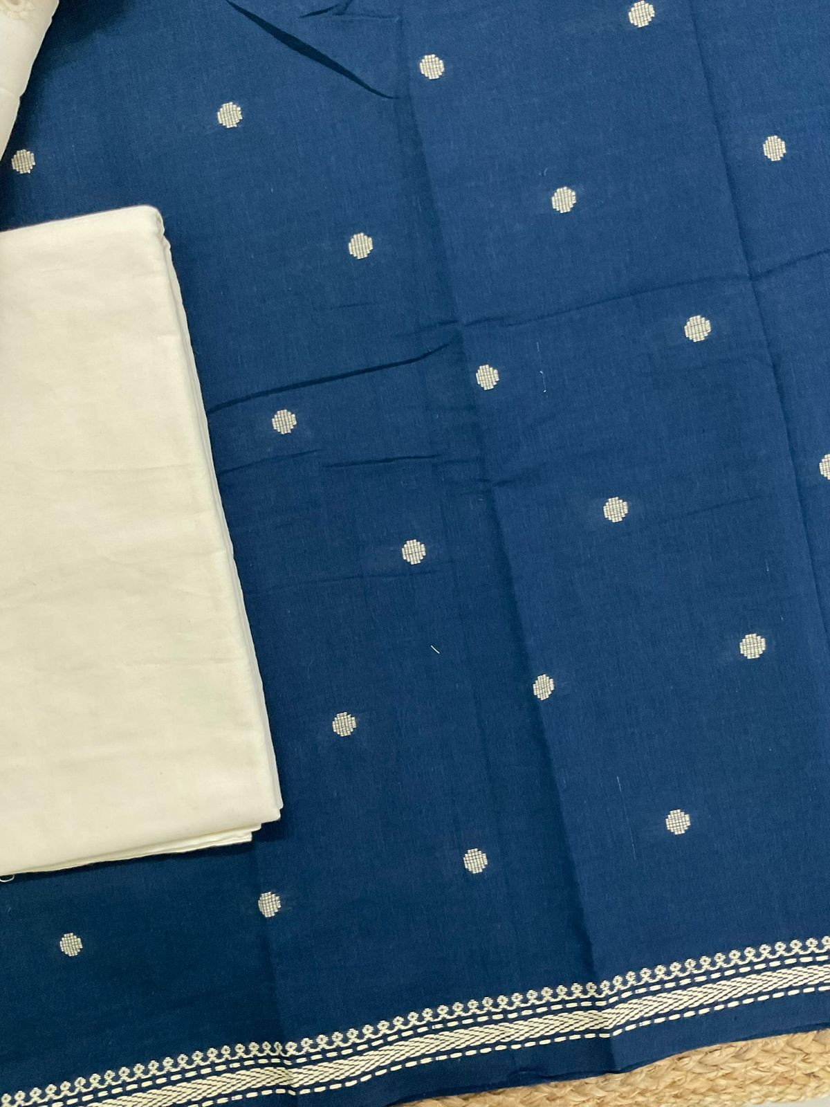 Pure Handloom Cotton Printed Self Weaved Embroidered Suit - Blue