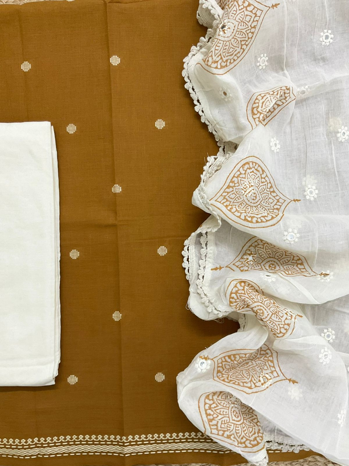 Pure Handloom Cotton Printed Self Weaved Embroidered Suit - Mustard