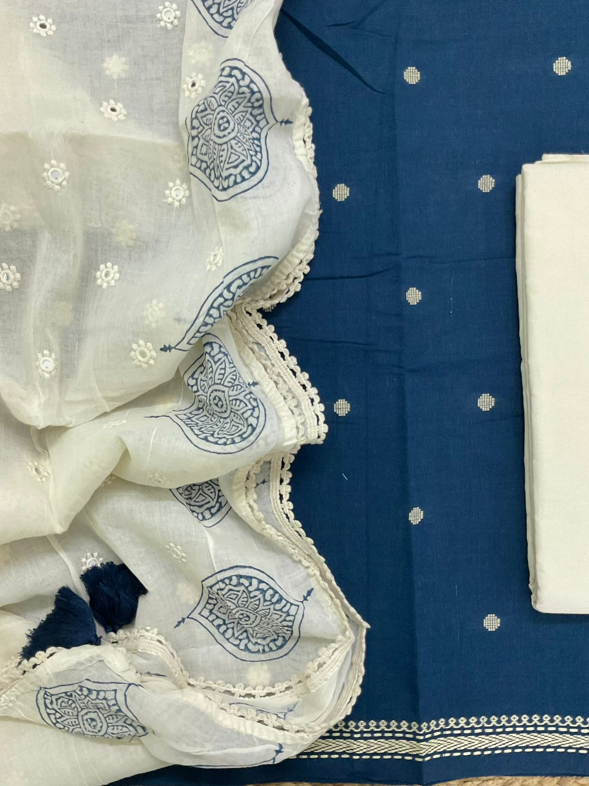 Pure Handloom Cotton Printed Self Weaved Embroidered Suit - Blue