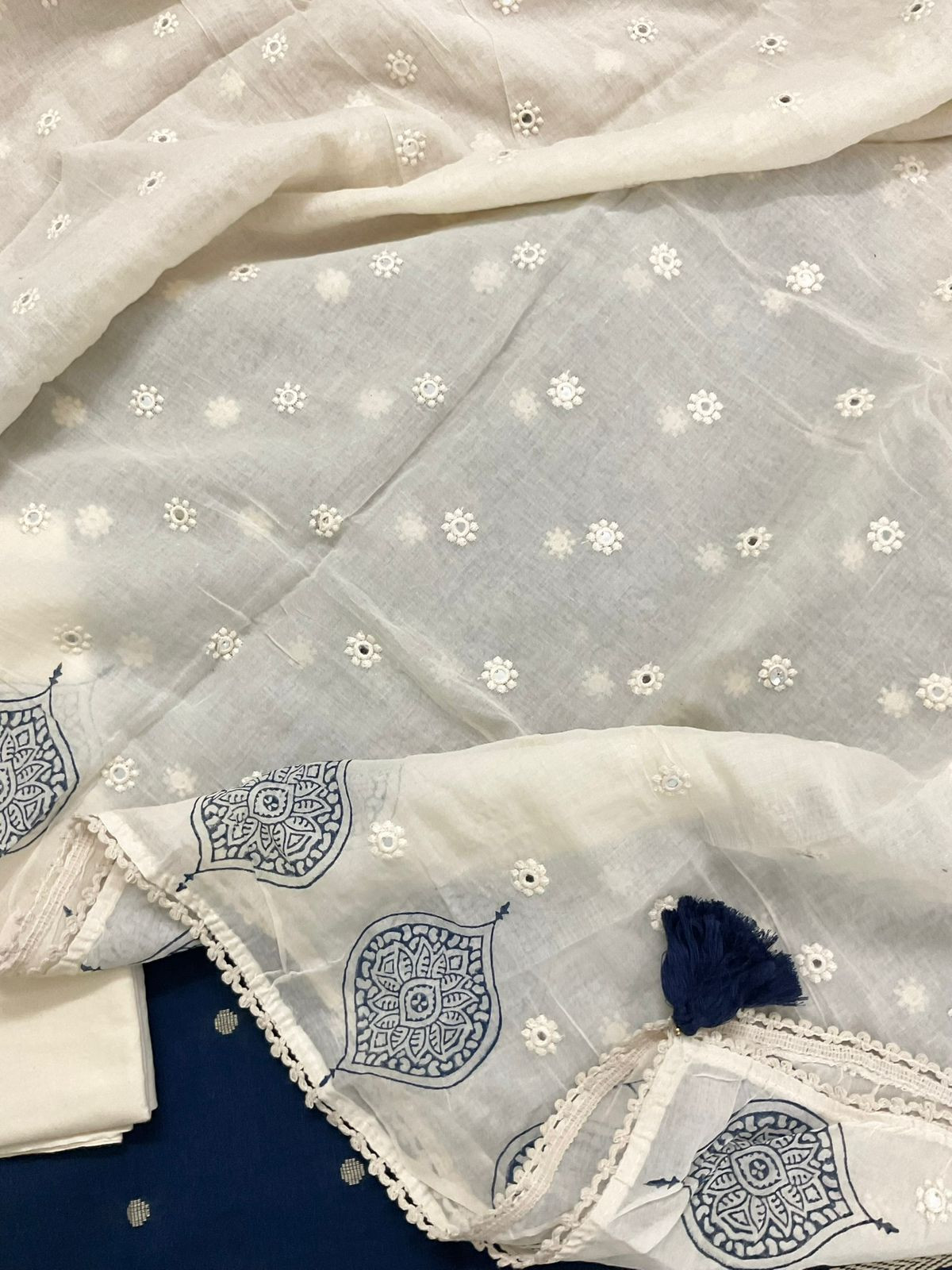 Pure Handloom Cotton Printed Self Weaved Embroidered Suit - Blue