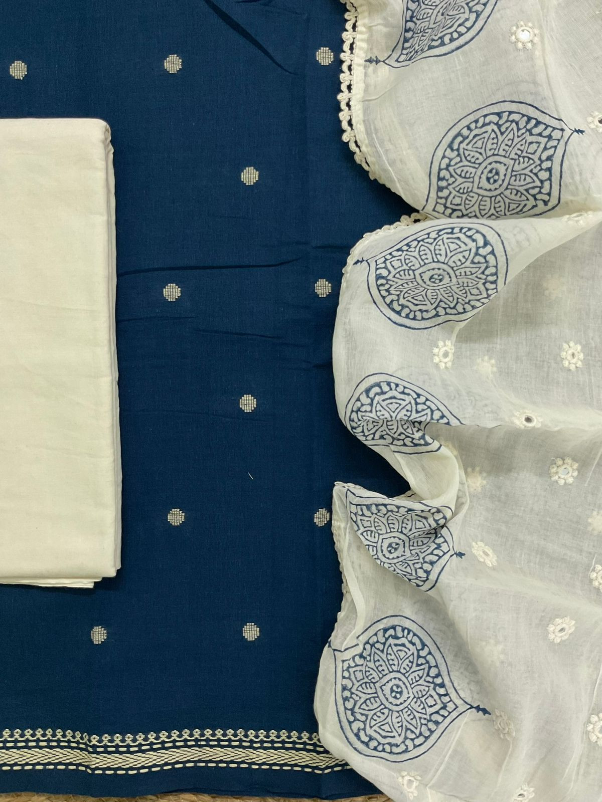 Pure Handloom Cotton Printed Self Weaved Embroidered Suit - Blue