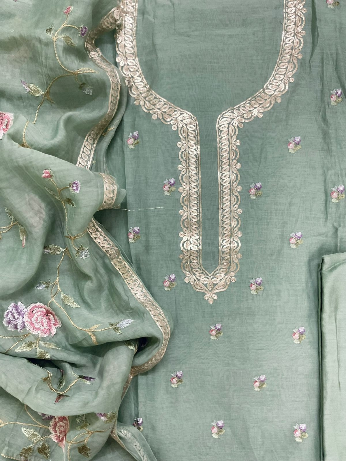Pure Mul Chanderi Embroidered Suit - Green