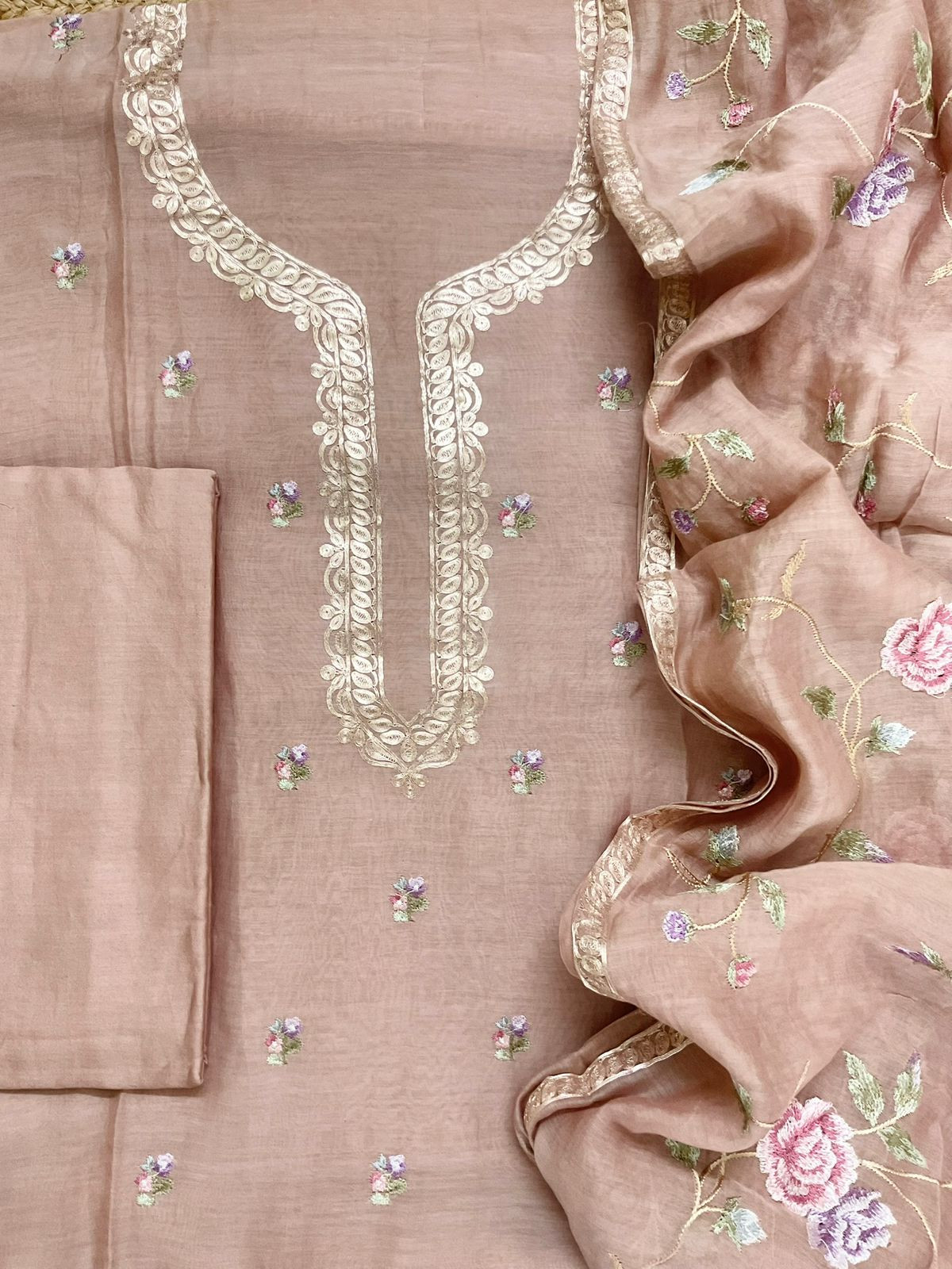 Pure Mul Chanderi Embroidered Suit - Onion Pink