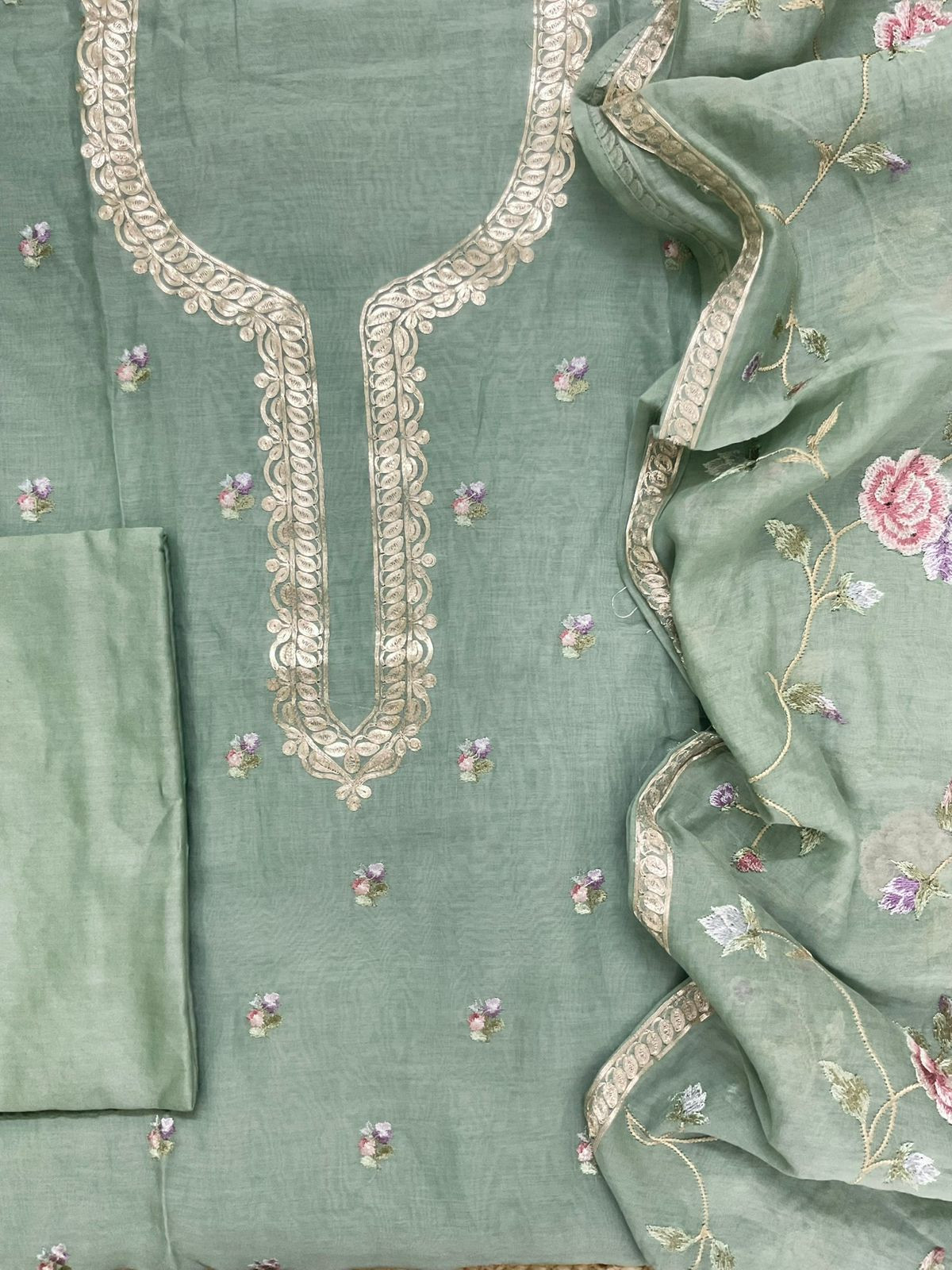 Pure Mul Chanderi Embroidered Suit - Green