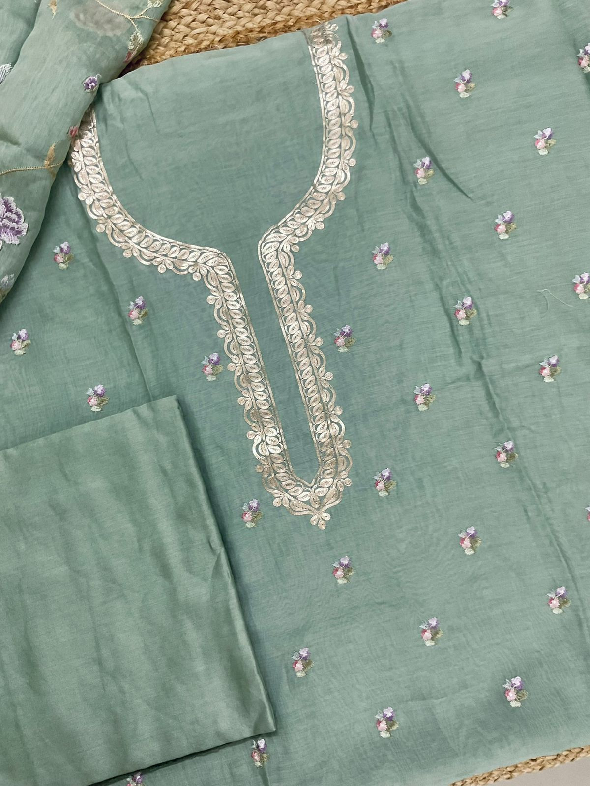 Pure Mul Chanderi Embroidered Suit - Green