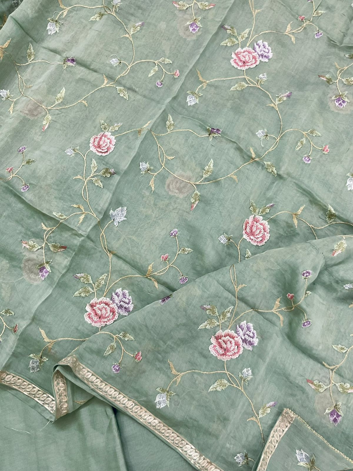Pure Mul Chanderi Embroidered Suit - Green