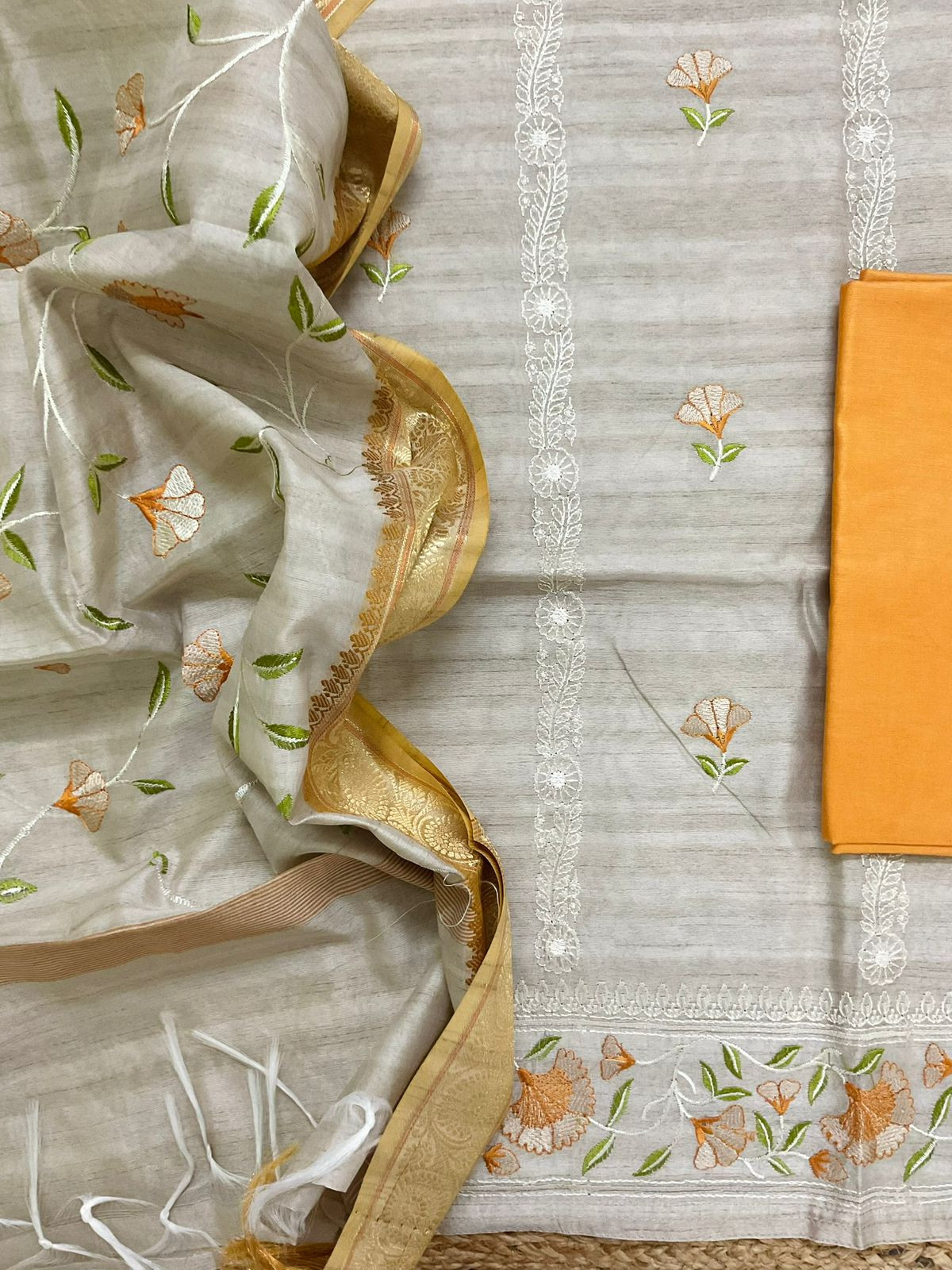 Soft Semi Tussar Silk Banarasi Weaved Embroidered Suit - Beige