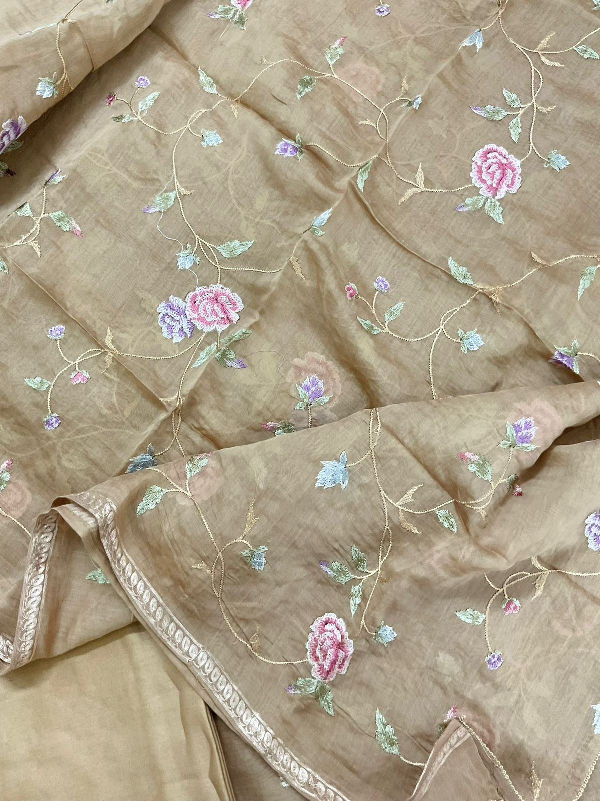 Pure Mul Chanderi Embroidered Suit - Beige