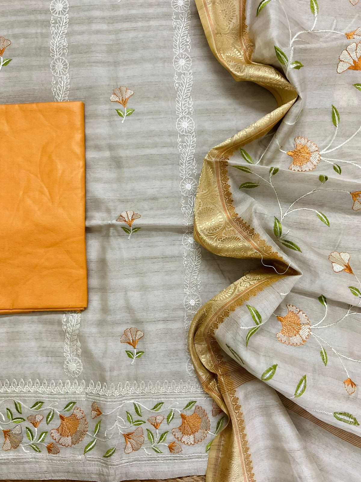 Soft Semi Tussar Silk Banarasi Weaved Embroidered Suit - Beige