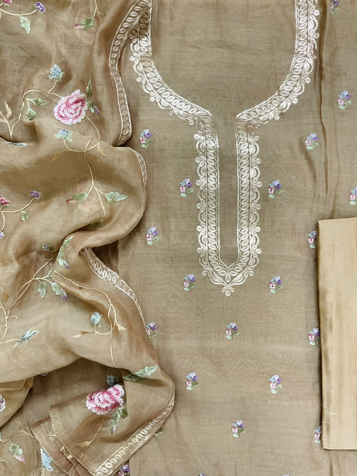 Pure Mul Chanderi Embroidered Suit - Beige