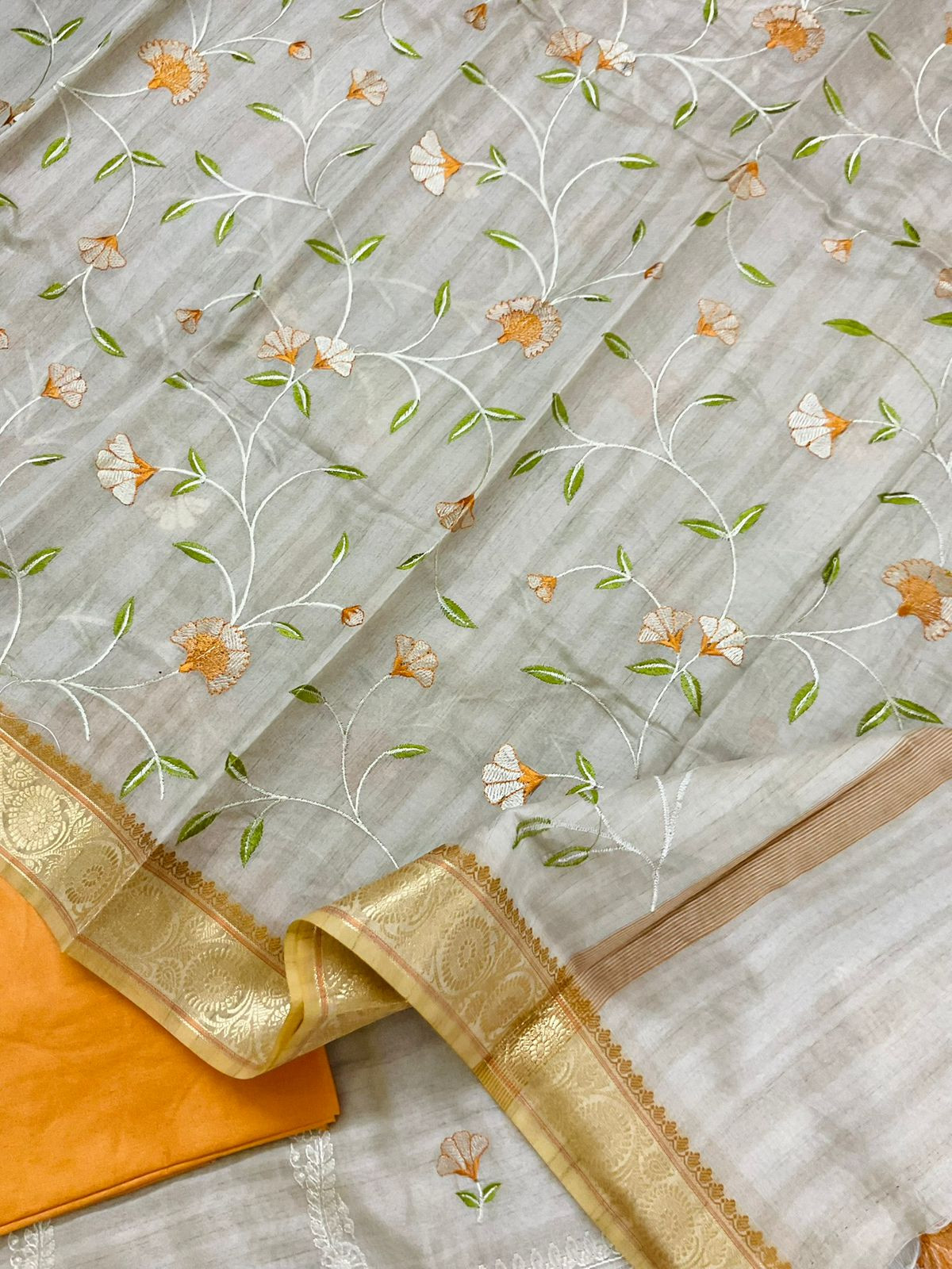 Soft Semi Tussar Silk Banarasi Weaved Embroidered Suit - Beige