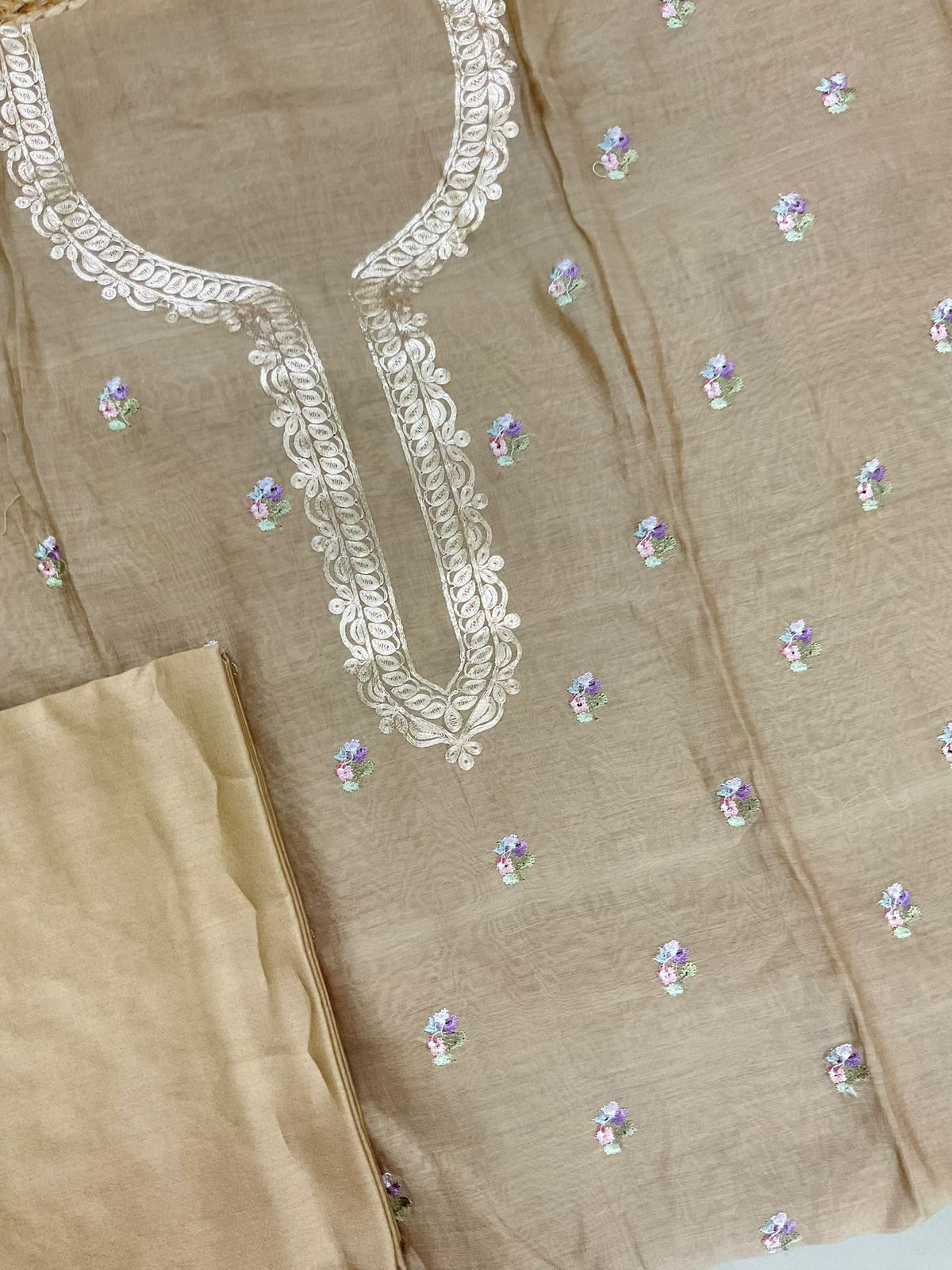 Pure Mul Chanderi Embroidered Suit - Beige