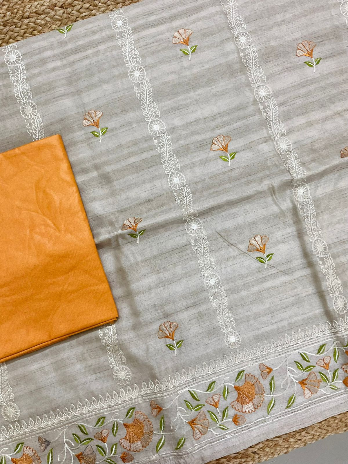 Soft Semi Tussar Silk Banarasi Weaved Embroidered Suit - Beige