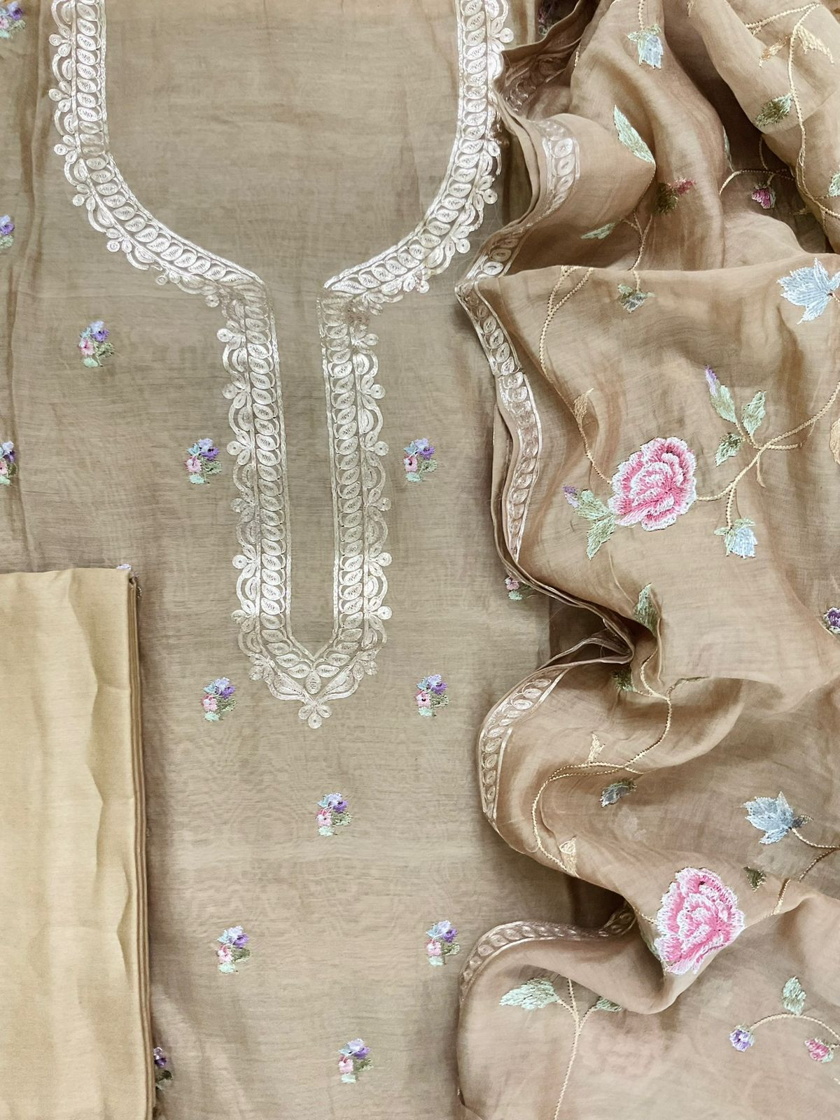 Pure Mul Chanderi Embroidered Suit - Beige