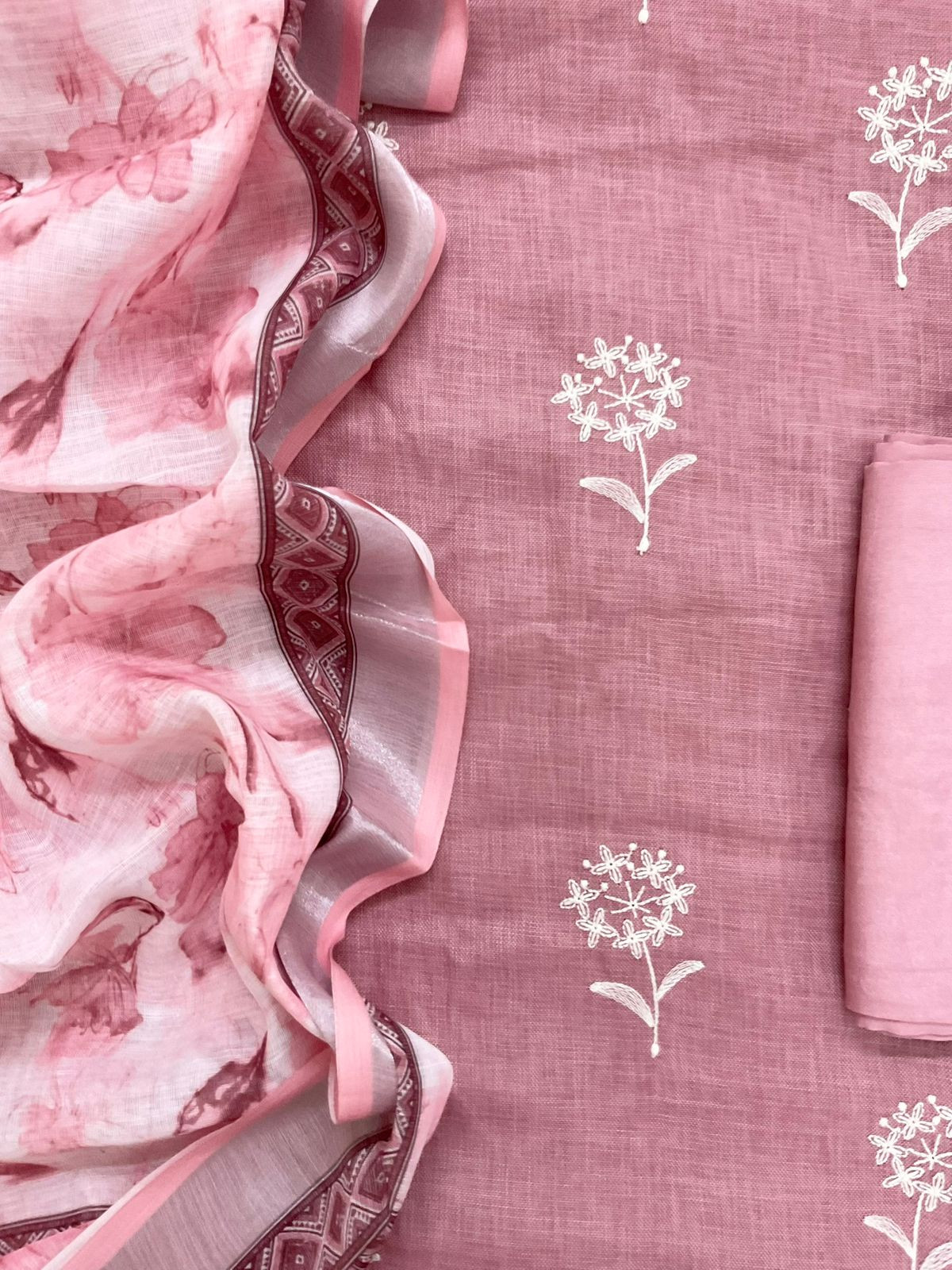 Soft Linen Jute Cotton Printed Embroidered Suit - Onion Pink