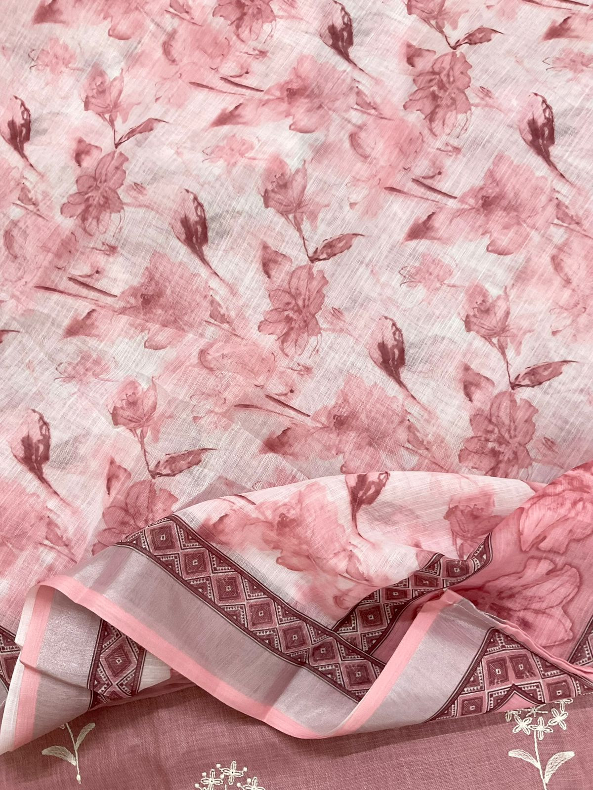 Soft Linen Jute Cotton Printed Embroidered Suit - Onion Pink