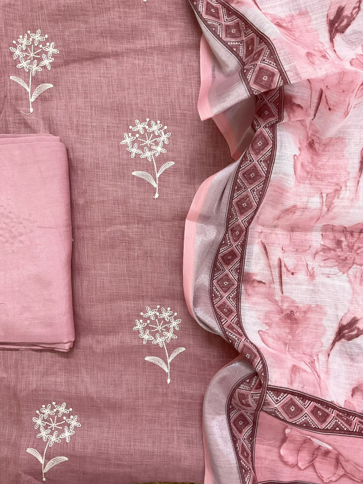 Soft Linen Jute Cotton Printed Embroidered Suit - Onion Pink