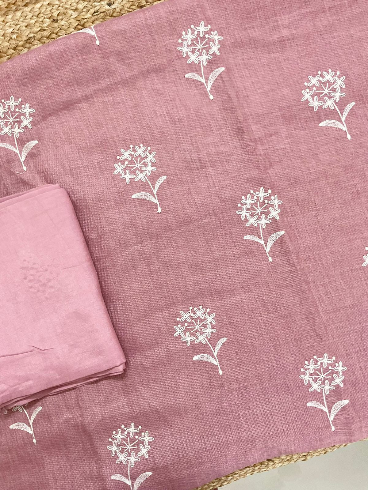 Soft Linen Jute Cotton Printed Embroidered Suit - Onion Pink