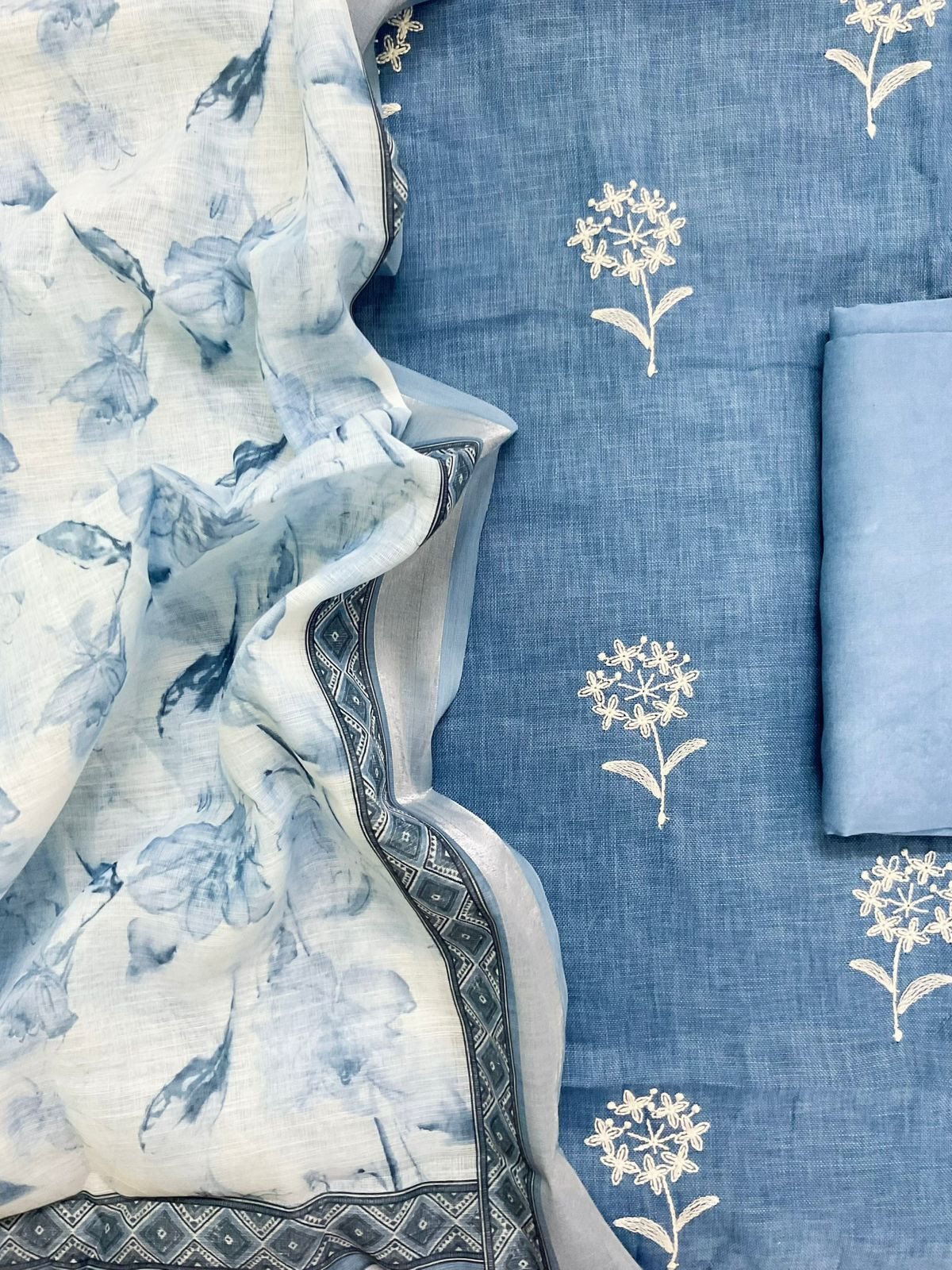 Soft Linen Jute Cotton Printed Embroidered Suit - Blue