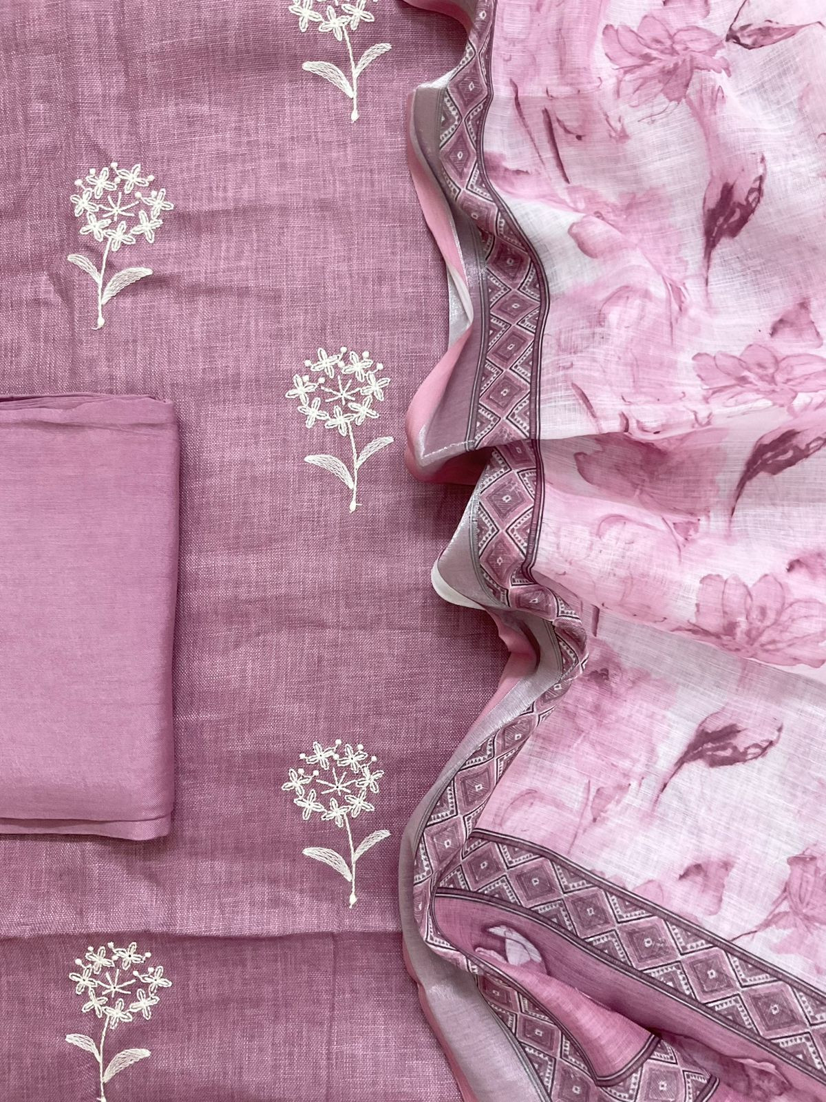 Soft Linen Jute Cotton Printed Embroidered Suit - Mauve