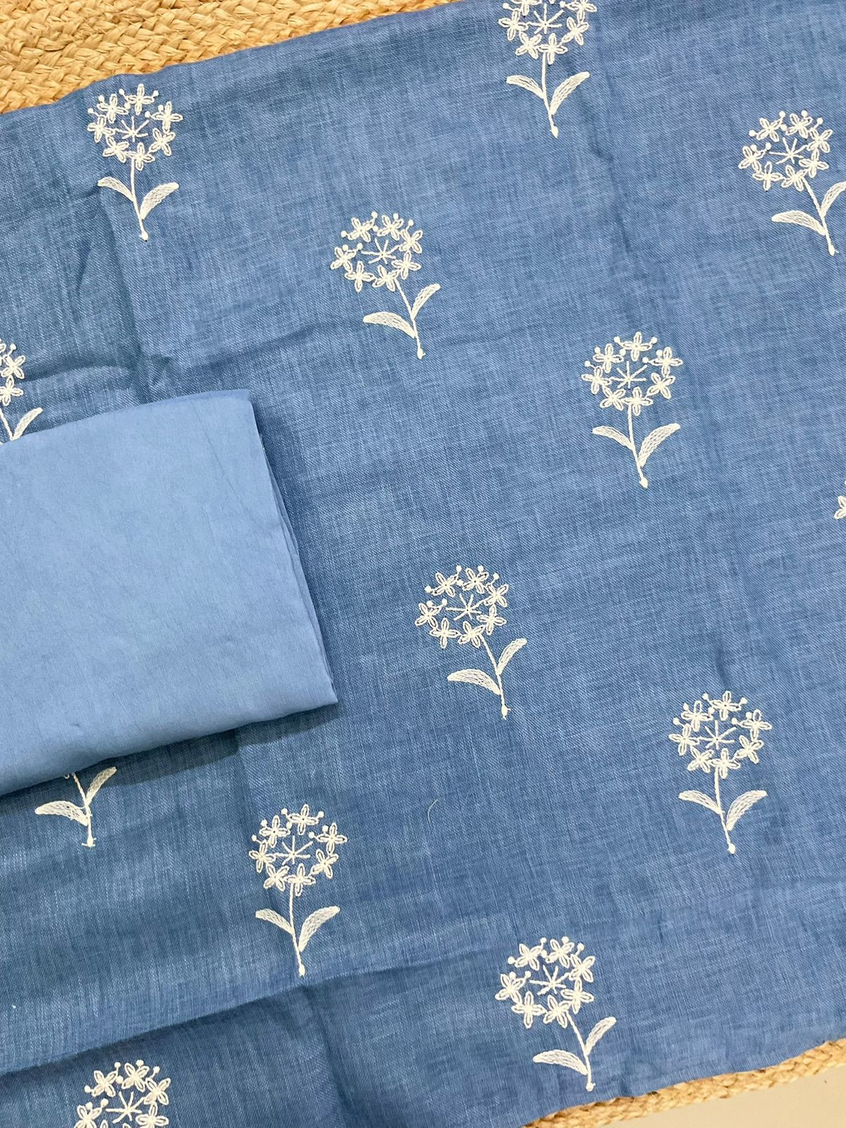 Soft Linen Jute Cotton Printed Embroidered Suit - Blue