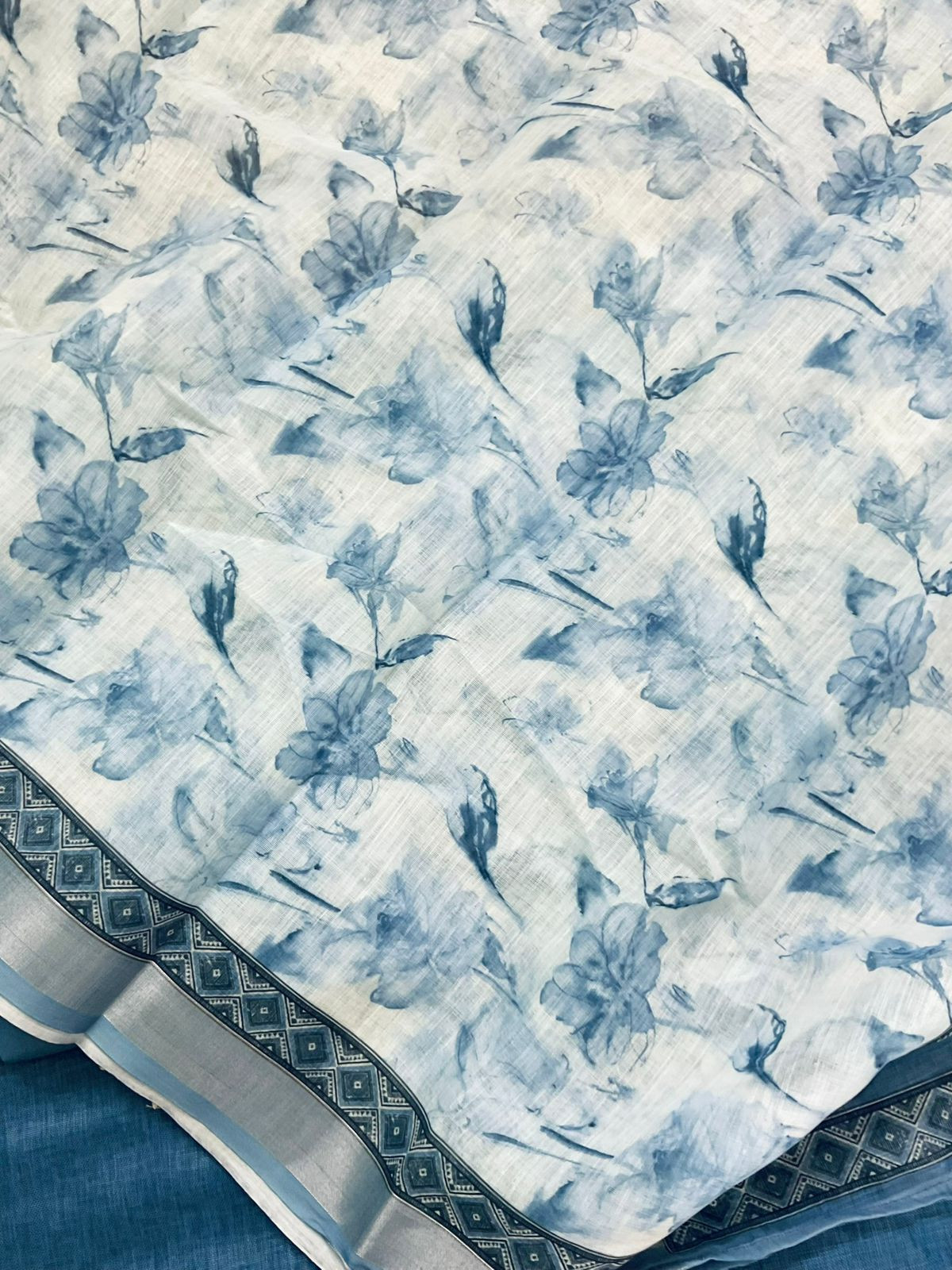 Soft Linen Jute Cotton Printed Embroidered Suit - Blue