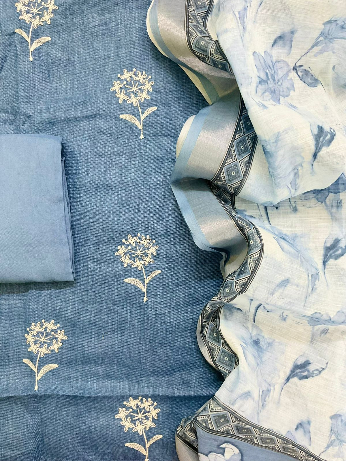 Soft Linen Jute Cotton Printed Embroidered Suit - Blue