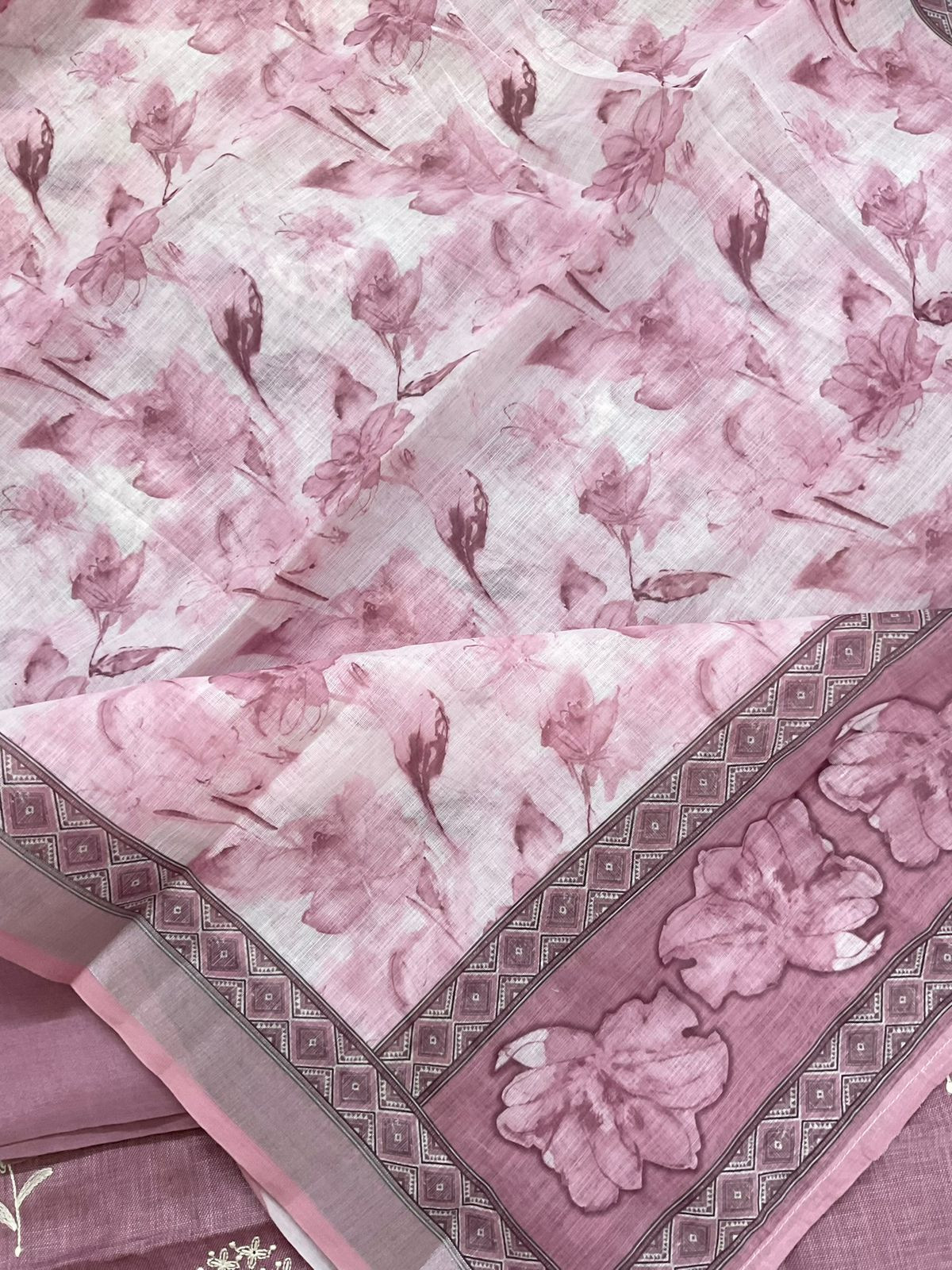 Soft Linen Jute Cotton Printed Embroidered Suit - Mauve