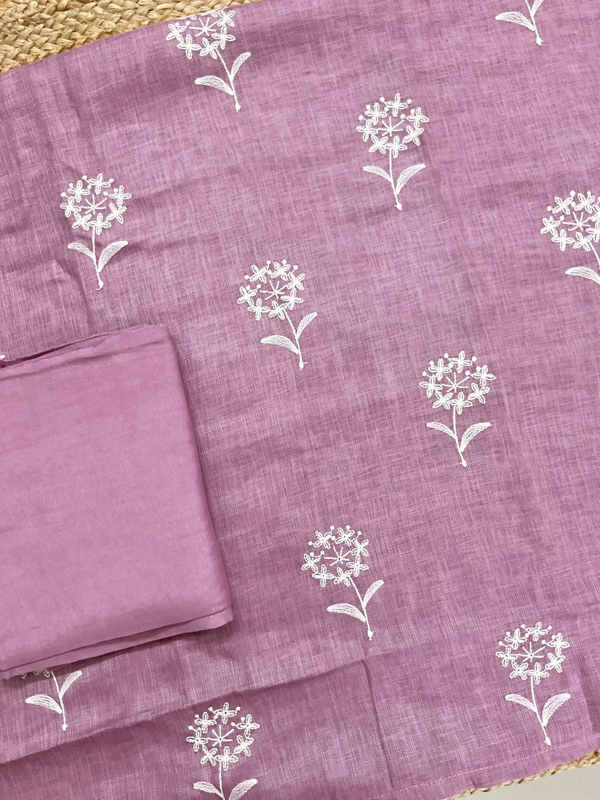 Soft Linen Jute Cotton Printed Embroidered Suit - Mauve